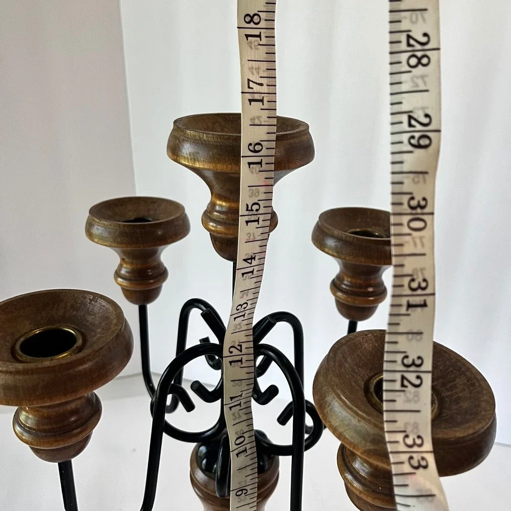 Vintage Wood and Wrought Iron 5 Light Candelabra Candle Holder Centerpiece Brown